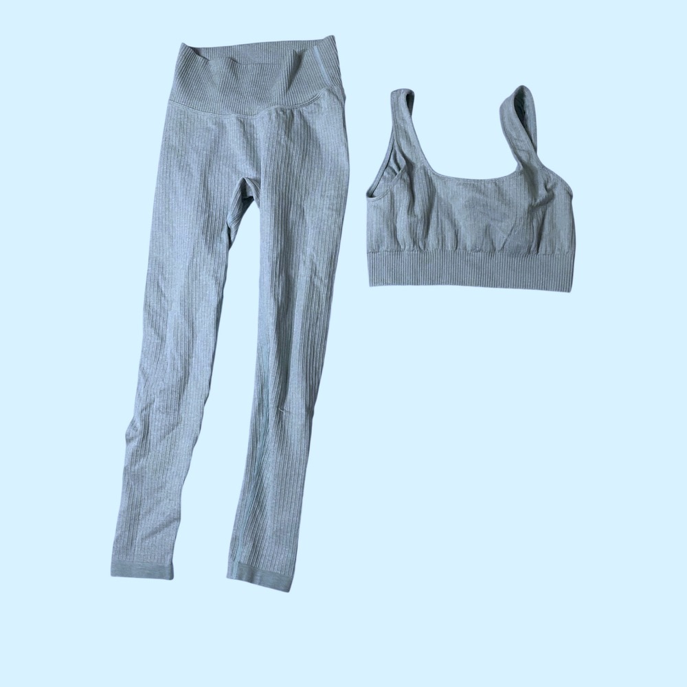 Small‎ Women Ribbed Knit Activewear Set light blue High Waist Legging Sports Bra